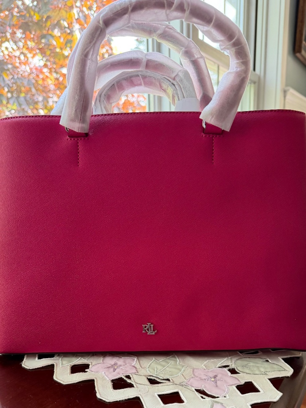 NWT Lauren Ralph Lauren Hanna Satchel Bag Crosshatch Leather